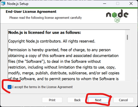 Accepter les condition de licence lors de l'installation de noje.js sous windows