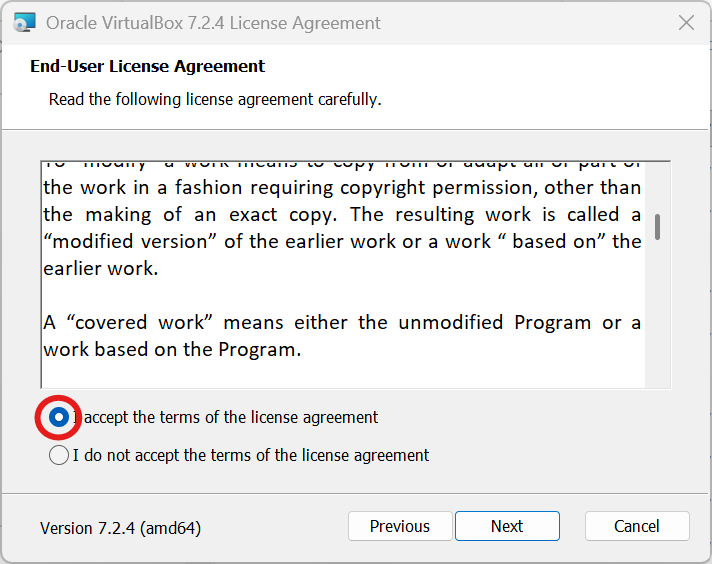 Écran d’acceptation de la licence VirtualBox