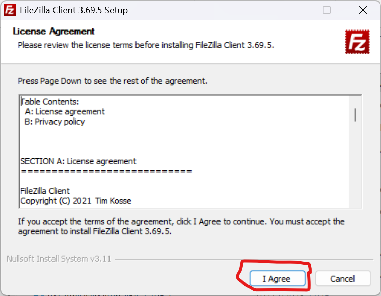 Accepter la licence lorsque tu installe FileZilla Client