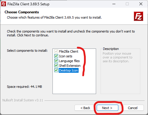 Choisir les compoqant lorsque tu installe FileZilla Client