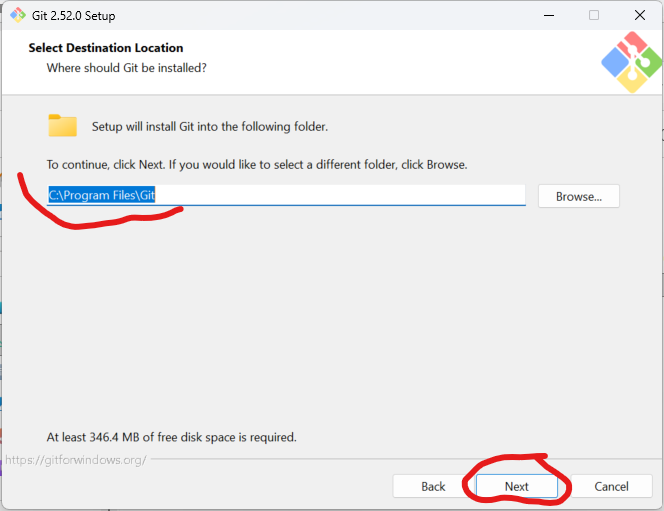 Choisi la destination pour Git Bash