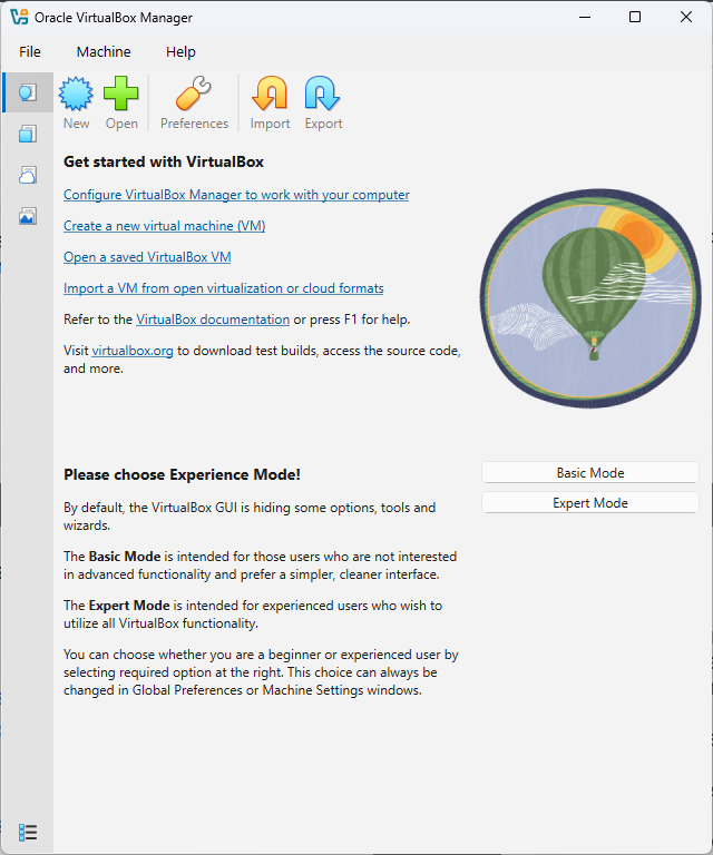 Fenêtre principale de Oracle VirtualBox Manager après installation