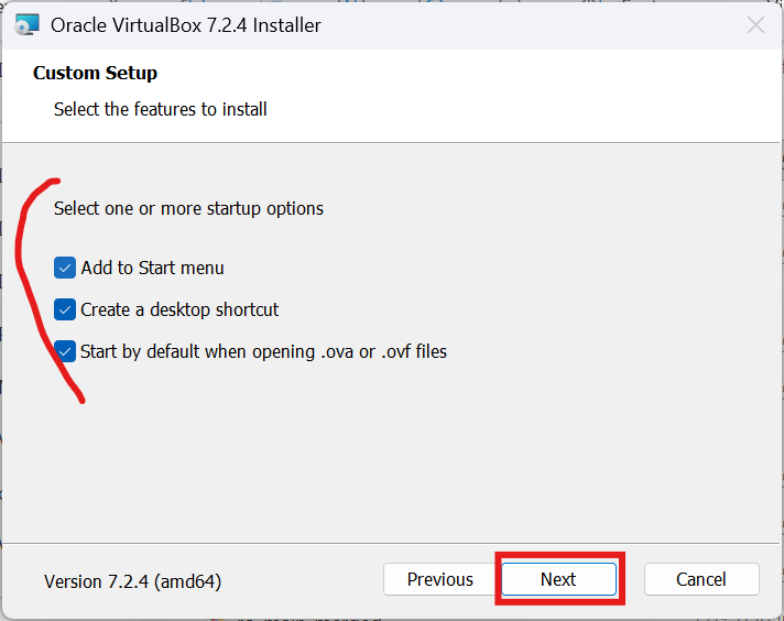 Options de démarrage et raccourcis dans l’installateur VirtualBox