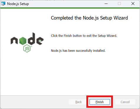 Installation de node.js terminé sous windows
