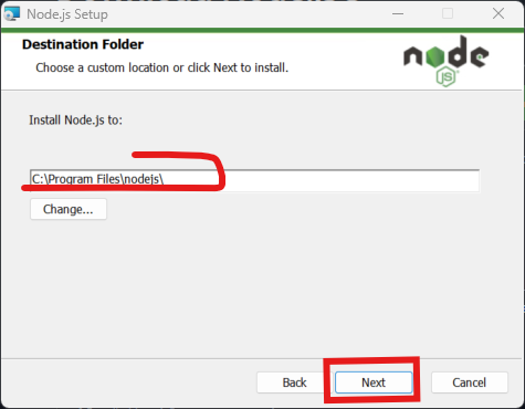 Choisir le dossier d'installation de Node.js sous Windows