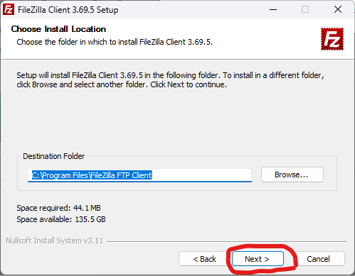 Choisir la location lors de l'installation de FileZilla Client