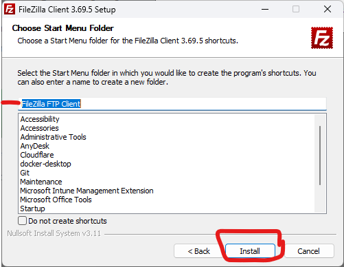 Choisir le nom du dossier au menu lors de l'installation de FileZilla Client