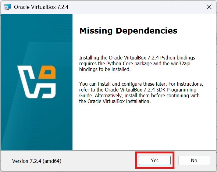 Avertissement Missing Dependencies pour Python dans VirtualBox