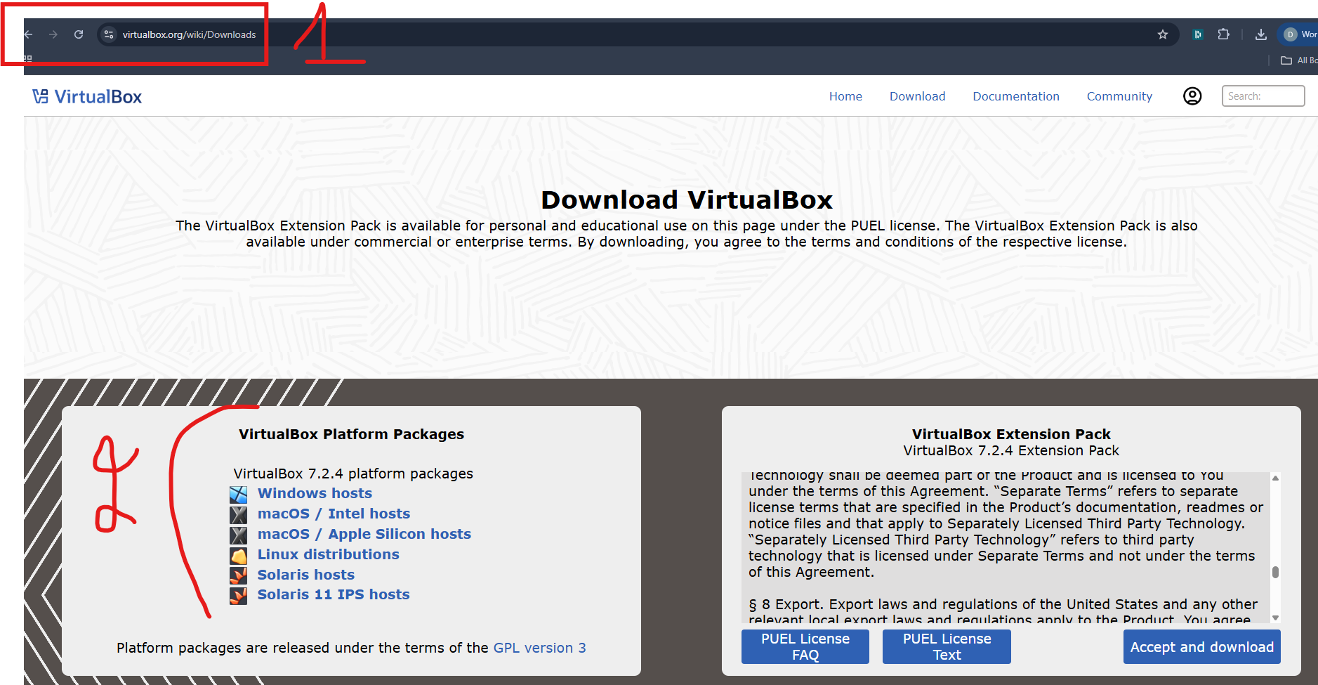 Page officielle de téléchargement de VirtualBox avec le lien Windows hosts