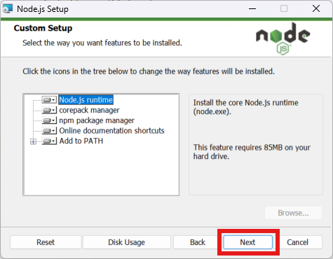 La liste d'autres composant et actions lors de l'installation de Node.js sous windows
