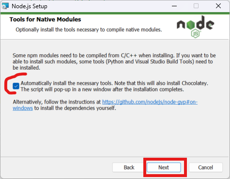 Valider pour automatiquement installer Chocolatey lors de l'installation de node.js sous window
