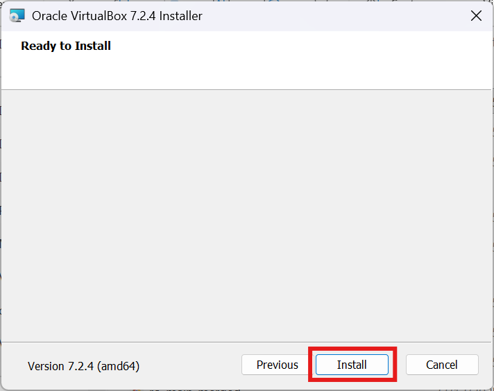 Écran Ready to Install avant de lancer l’installation de VirtualBox