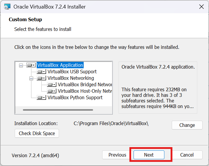 Écran Custom Setup de VirtualBox avec les fonctionnalités par défaut