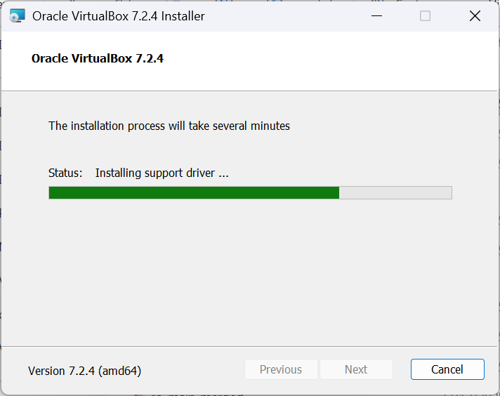 Barre de progression de l’installation de VirtualBox