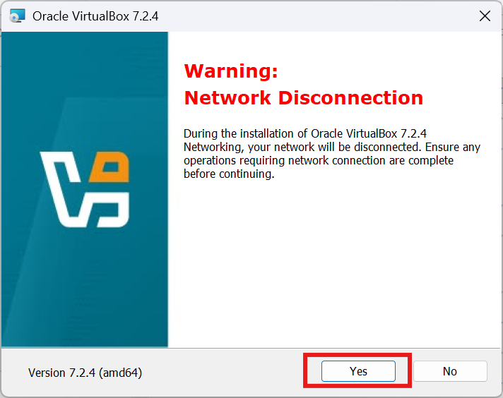 Avertissement Network Disconnection dans l’installateur VirtualBox