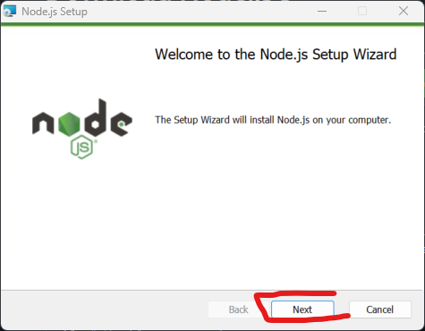 Fenêtre de bienvenue lors de l'installation de node.js sous windows