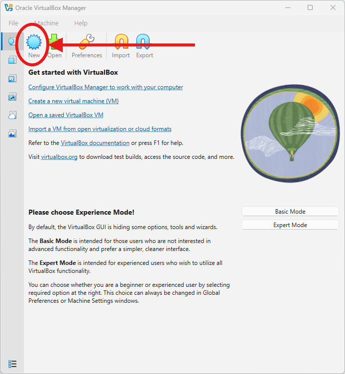 Bouton New dans VirtualBox Manager pour créer une nouvelle machine virtuelle