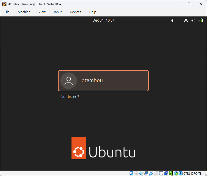 Écran de connexion à Ubuntu dans la machine virtuelle VirtualBox