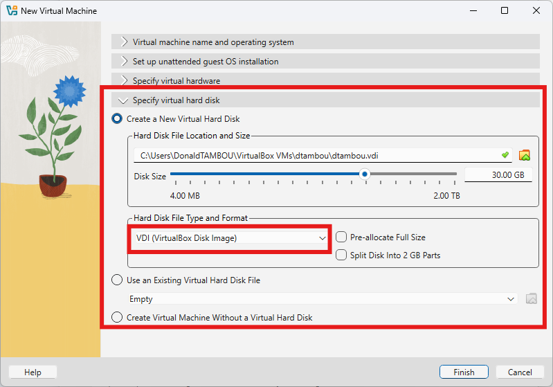 Création d'un disque dur virtuel VDI de 30 Go pour Ubuntu dans VirtualBox