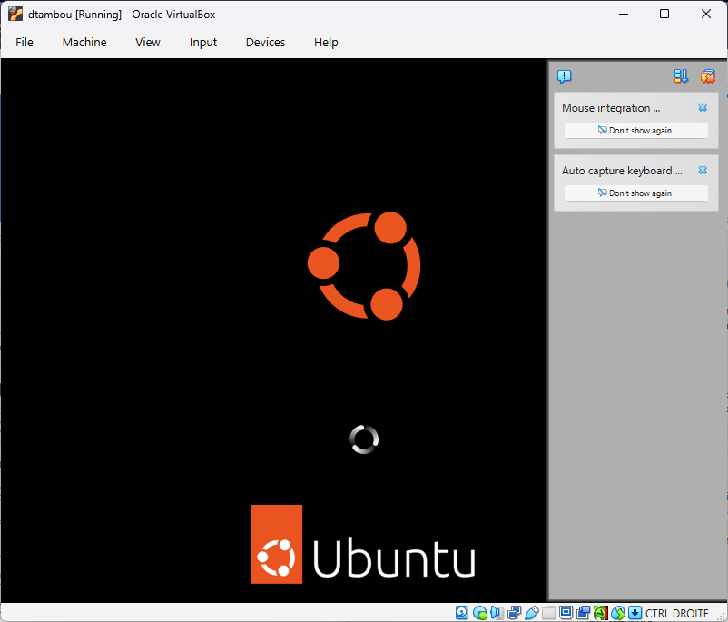 Écran de démarrage d'Ubuntu dans la machine virtuelle VirtualBox