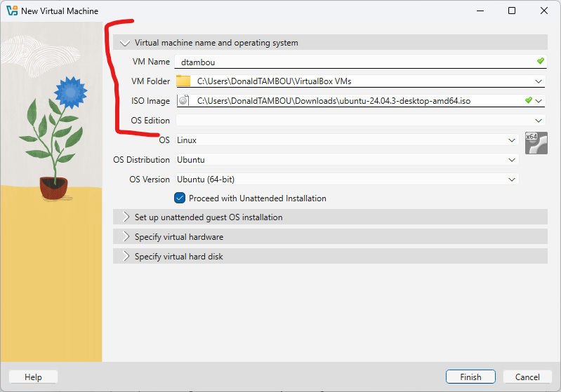 Configuration du nom de la VM et sélection de l'ISO Ubuntu dans VirtualBox