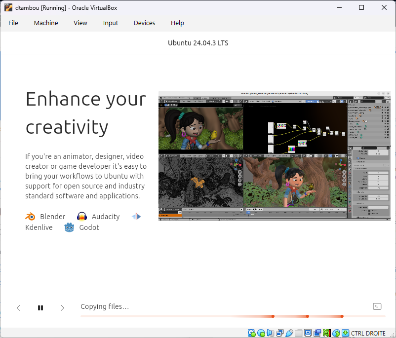 Progression de l'installation d'Ubuntu 24.04 dans VirtualBox